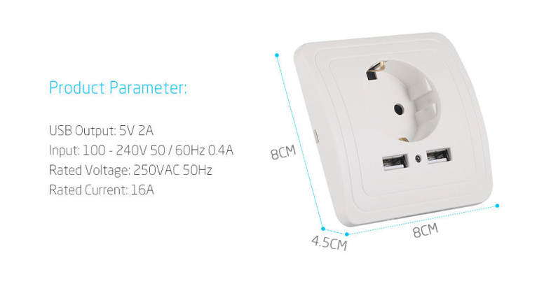 Dual USB German Standard Wall Socket Plug Switch Power Outlet