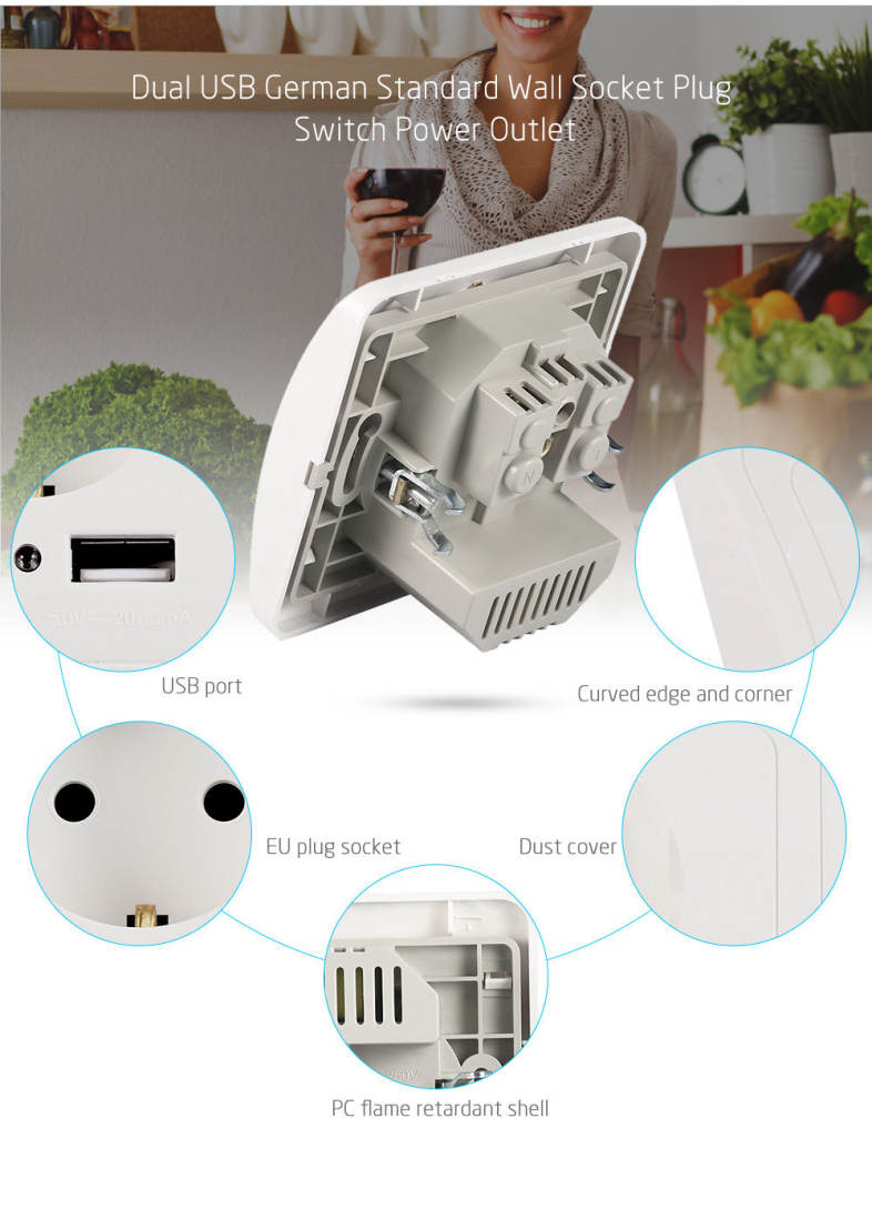 Dual USB German Standard Wall Socket Plug Switch Power Outlet