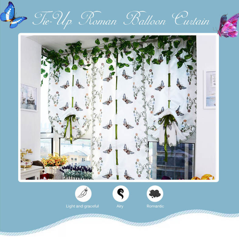 New Pastoral Style Window Sheer Curtain Butterfly Embroidery Roman Shade Tie-up Window Gauze 80 x 100cm