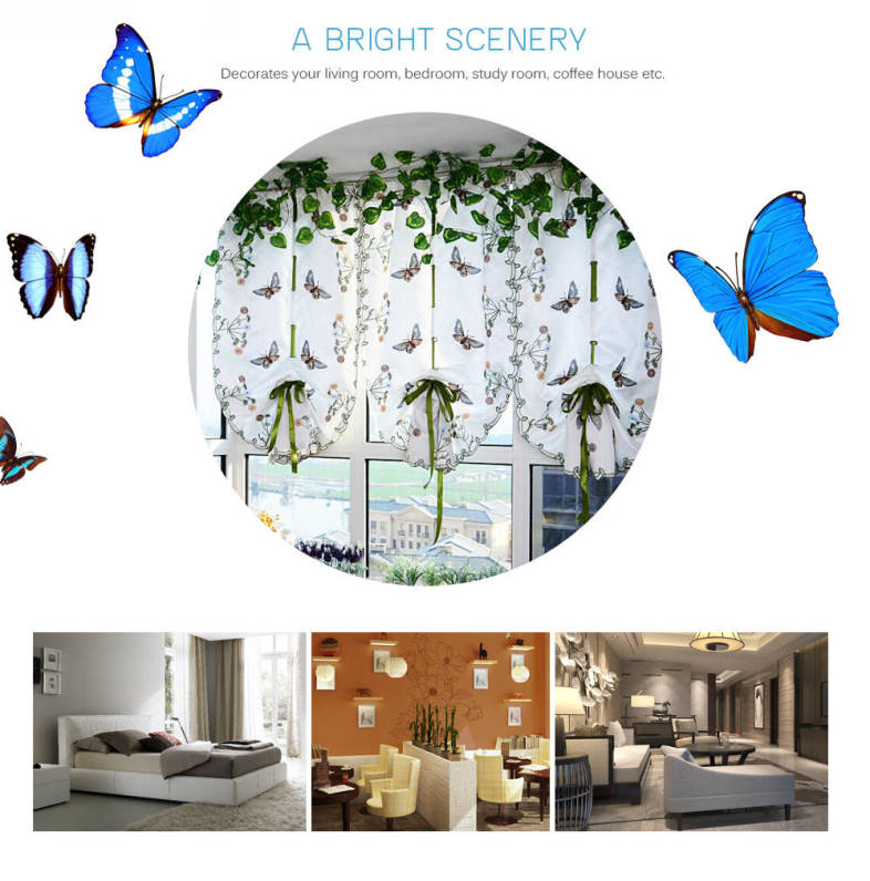 New Pastoral Style Window Sheer Curtain Butterfly Embroidery Roman Shade Tie-up Window Gauze 80 x 100cm