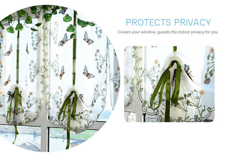 New Pastoral Style Window Sheer Curtain Butterfly Embroidery Roman Shade Tie-up Window Gauze 80 x 100cm