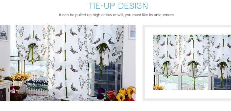 New Pastoral Style Window Sheer Curtain Butterfly Embroidery Roman Shade Tie-up Window Gauze 80 x 100cm