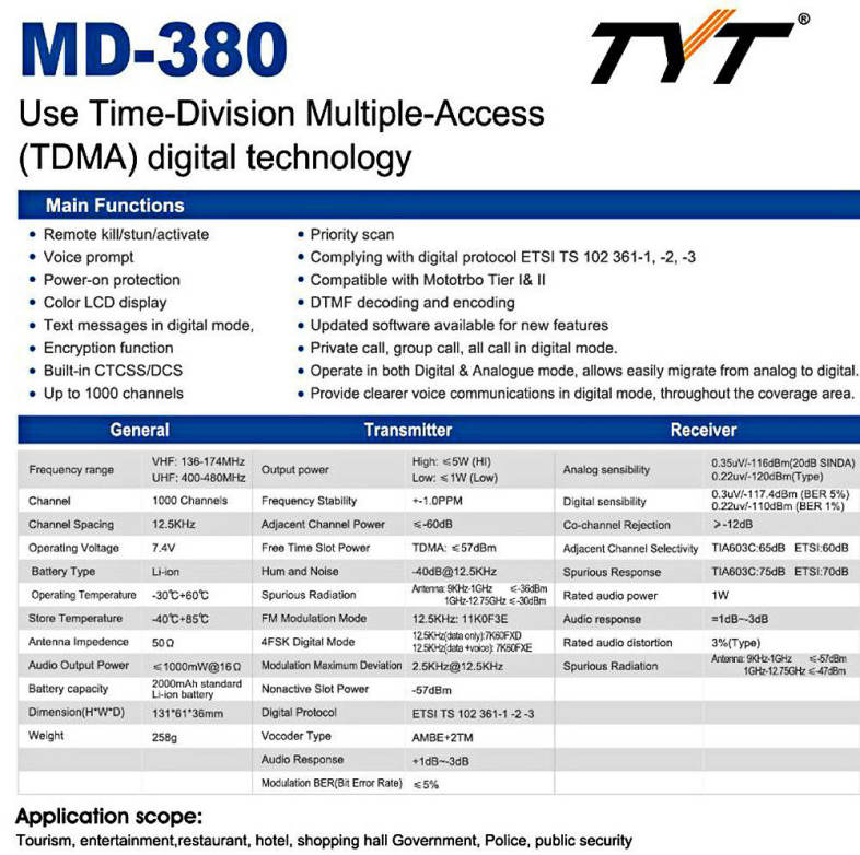 TYT MD - 380 VHF Portable Walkie Talkie Digital Transceiver