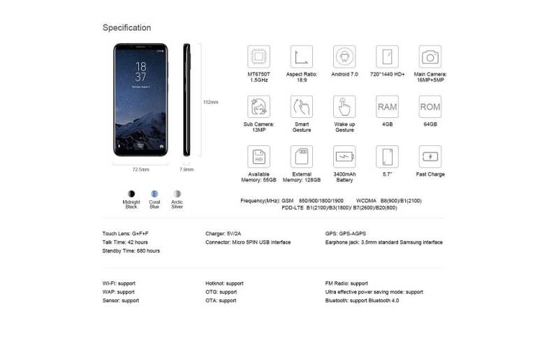 HOMTOM S8 4G Smartphone 5.7 inch MTK6750T Smart Gesture Finger Scanner 4GB RAM 64GB ROM 16.0MP   5.0MP