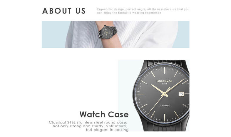 CARNIVAL 8612G Auto Mechanical Men Watch Date Display Male Wristwatch