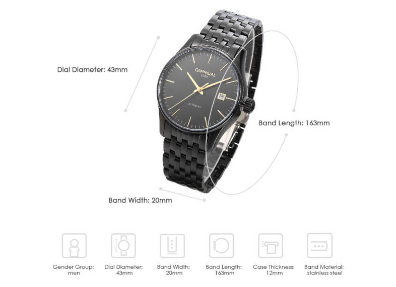 CARNIVAL 8612G Auto Mechanical Men Watch Date Display Male Wristwatch
