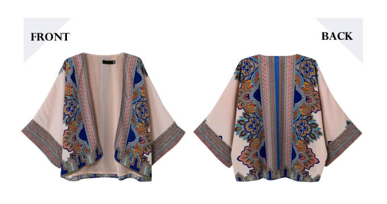 Trendy Collarless 3/4 Sleeve Print Kimono Women Chiffon Cardigan