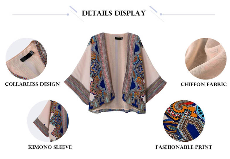 Trendy Collarless 3/4 Sleeve Print Kimono Women Chiffon Cardigan