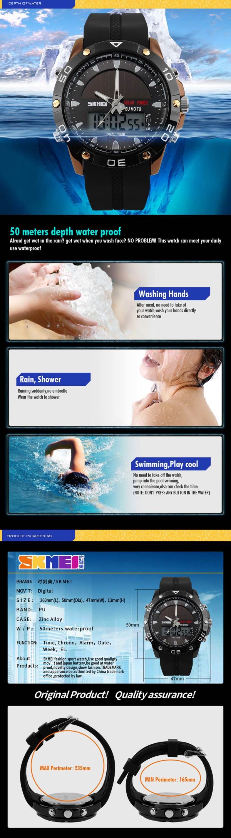 Skmei 1064 Solar Power Army LED Watch Date Day Alarm Dual-movt Water Resistant Military Wristwatch for Sports