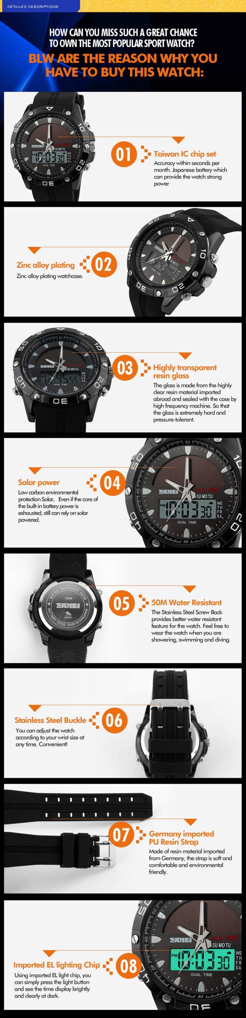 Skmei 1064 Solar Power Army LED Watch Date Day Alarm Dual-movt Water Resistant Military Wristwatch for Sports
