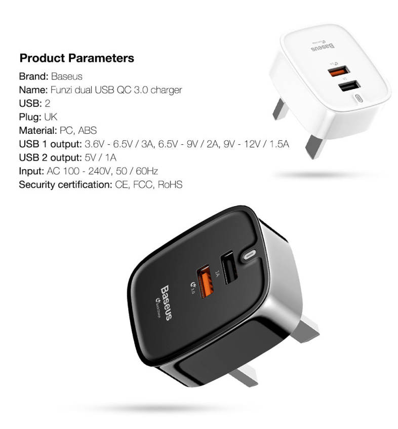 Baseus Funzi QC 3.0 Dual USB Intelligent Wall Travel Charger Adapter UK Plug
