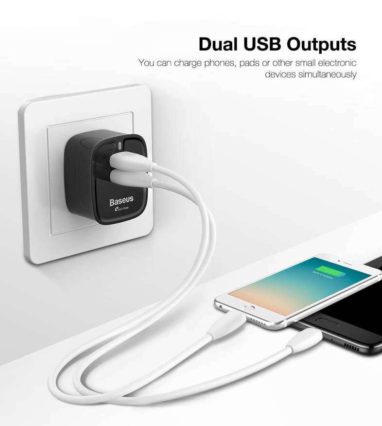 Baseus Funzi QC 3.0 Dual USB Intelligent Wall Travel Charger Adapter UK Plug