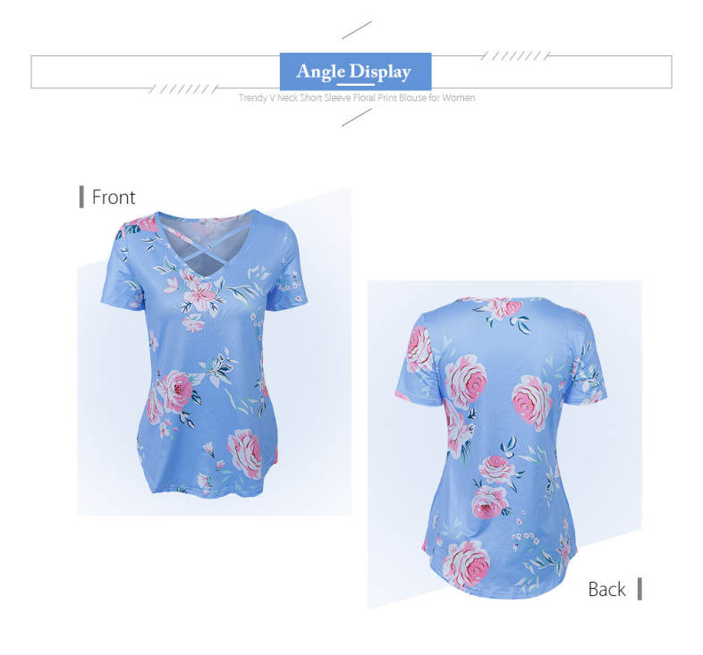 Trendy V Neck Short Sleeve Floral Print Criss Cross Women Blouse