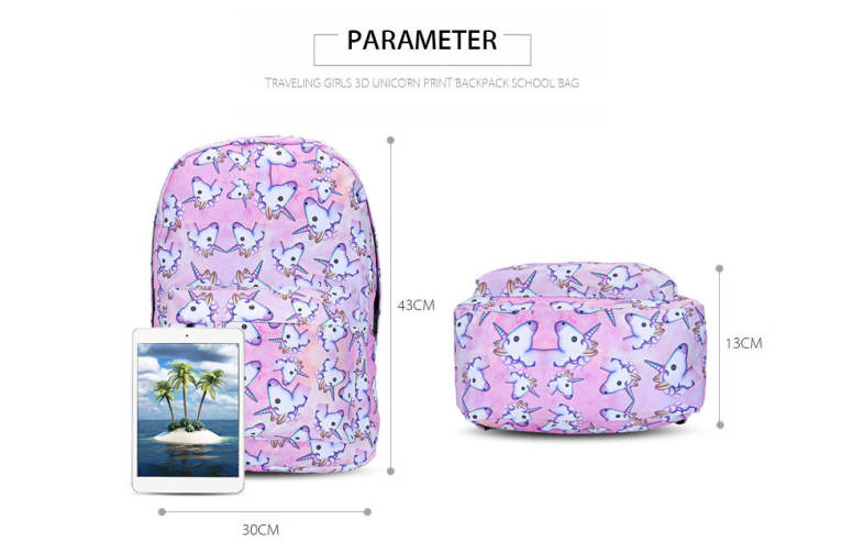 Guapabien Traveling Girls 3D Unicorn Print Backpack Zipper School Bag