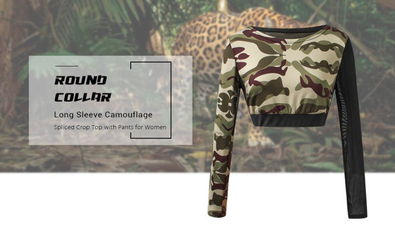 Trendy Round Collar Long Sleeve Camouflage Mesh Spliced Women Crop Top with Pants
