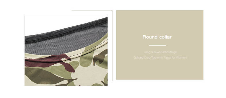 Trendy Round Collar Long Sleeve Camouflage Mesh Spliced Women Crop Top with Pants