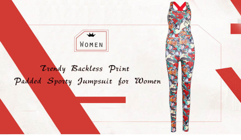 Trendy Backless Print Padded Sporty Women Jumpsuit