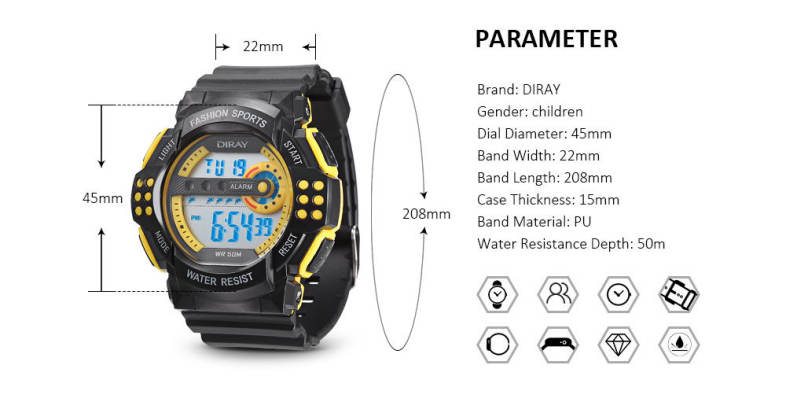 DIRAY 319G Children Digital Watch Alarm Chronograph Kid LED Wristwatch