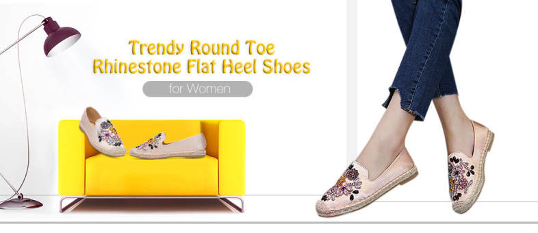 Trendy Round Toe Rhinestone Espadrilles Flat Heel Slip-on Loafers Women Shoes