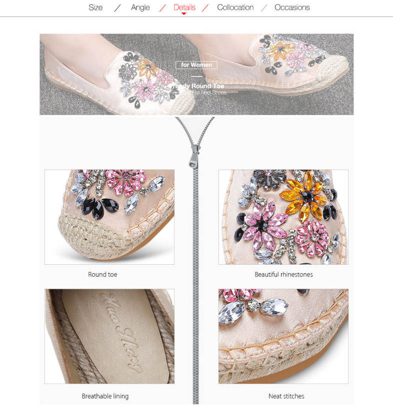 Trendy Round Toe Rhinestone Espadrilles Flat Heel Slip-on Loafers Women Shoes