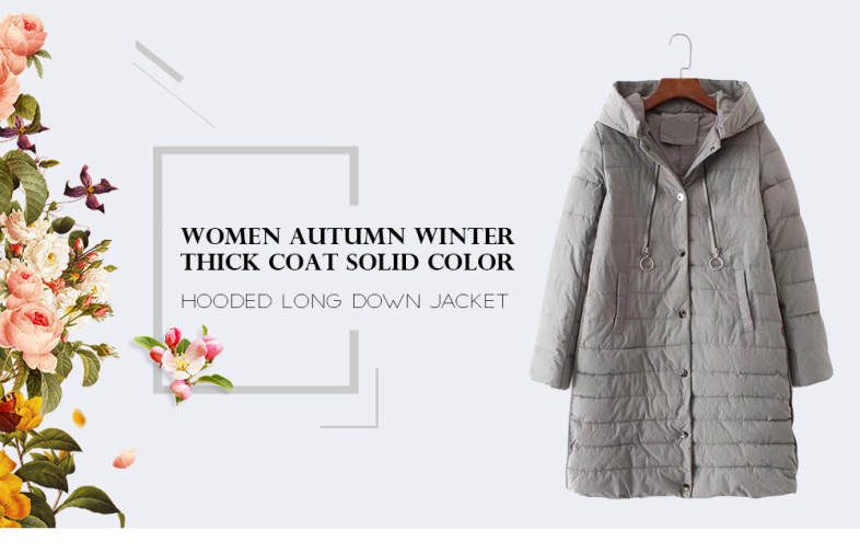 Women Autumn Winter Thick Coat Solid Color Hooded Long Down Jacket