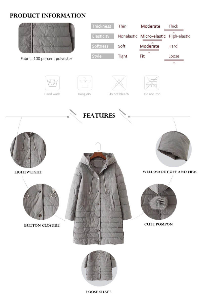 Women Autumn Winter Thick Coat Solid Color Hooded Long Down Jacket