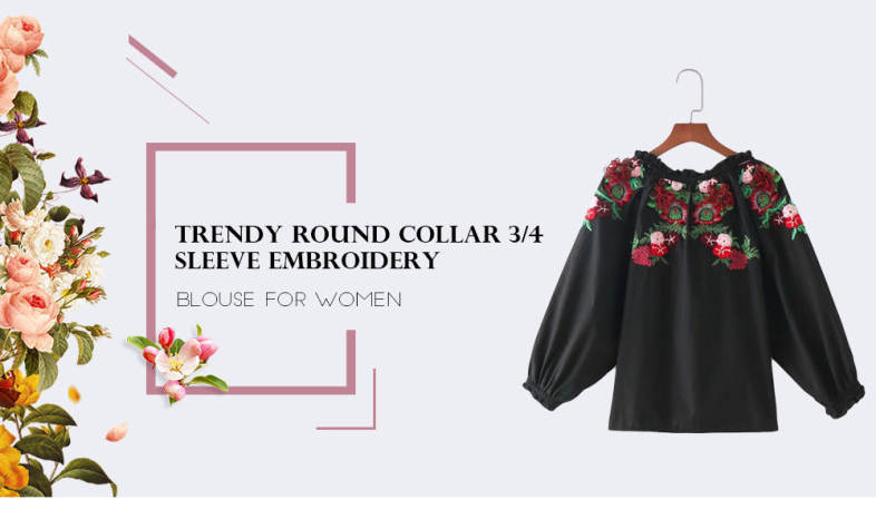 Trendy Round Collar 3/4 Sleeve Embroidery Ruffled Tied Women Blouse