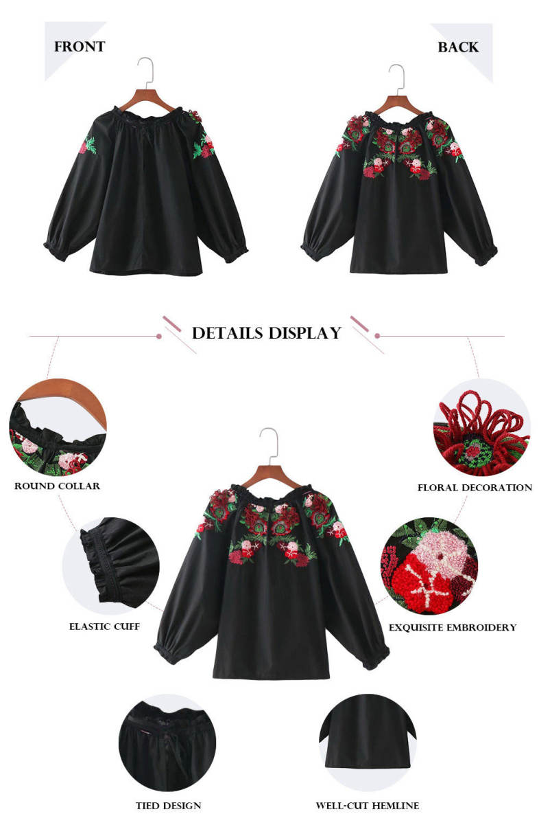 Trendy Round Collar 3/4 Sleeve Embroidery Ruffled Tied Women Blouse