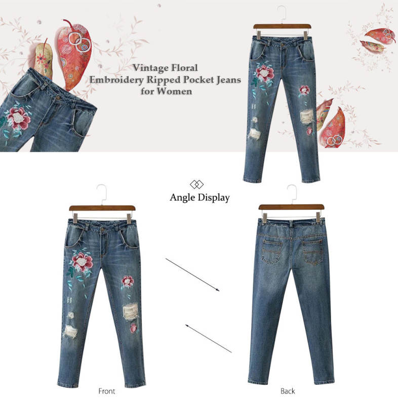 Vintage Floral Embroidery Ripped Pocket Women Jeans