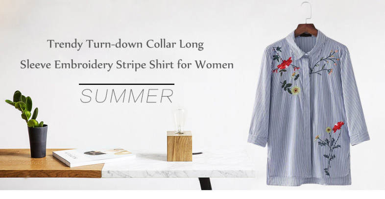 Trendy Turn-down Collar Long Sleeve Embroidery Stripe Women Shirt