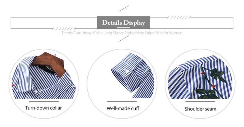 Trendy Turn-down Collar Long Sleeve Embroidery Stripe Women Shirt