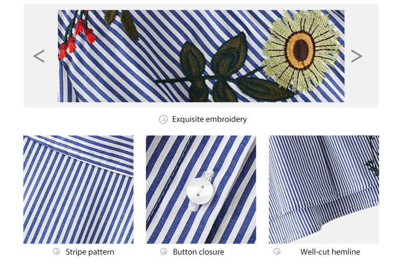 Trendy Turn-down Collar Long Sleeve Embroidery Stripe Women Shirt