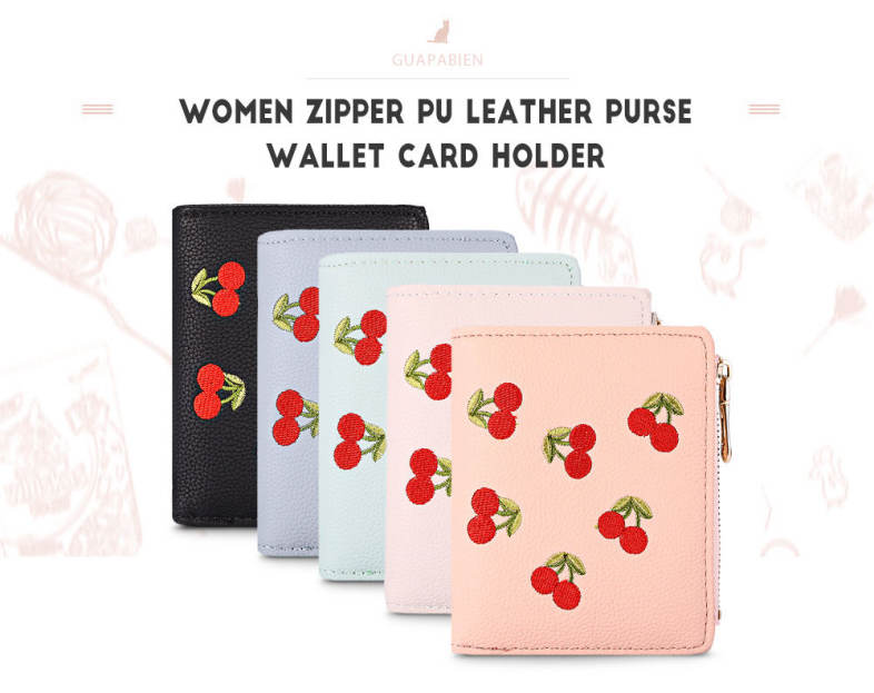 Guapabien Women Wallet PU Leather Zipper Pouch Short Clutch Cherry Print Purse