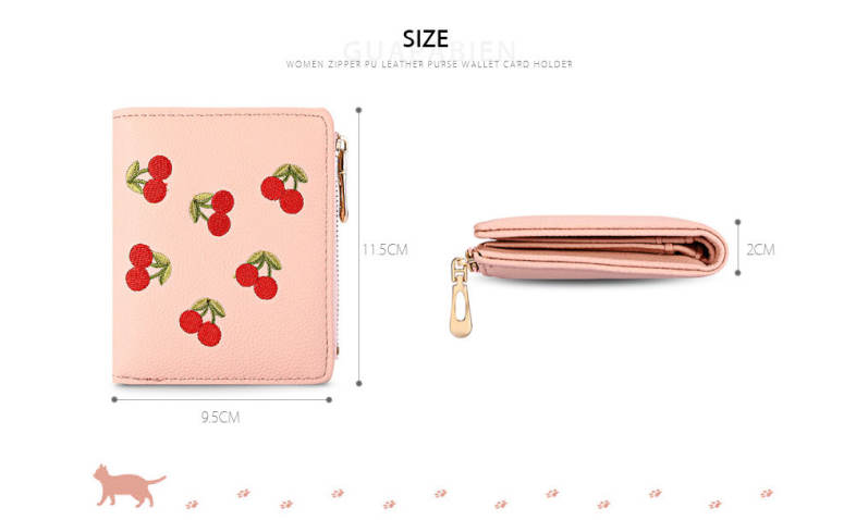 Guapabien Women Wallet PU Leather Zipper Pouch Short Clutch Cherry Print Purse