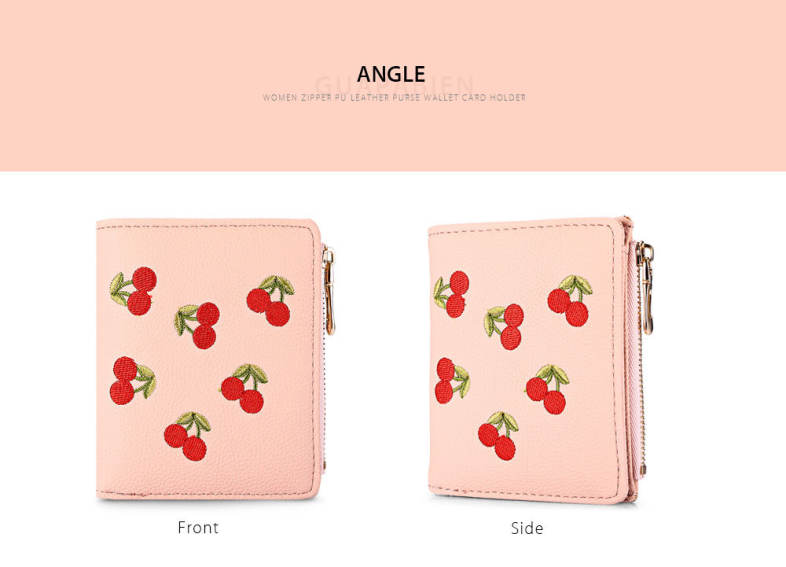 Guapabien Women Wallet PU Leather Zipper Pouch Short Clutch Cherry Print Purse