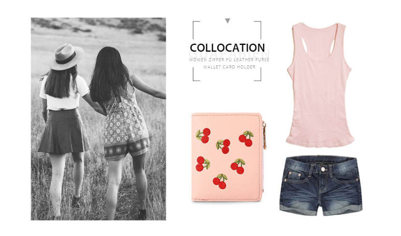 Guapabien Women Wallet PU Leather Zipper Pouch Short Clutch Cherry Print Purse