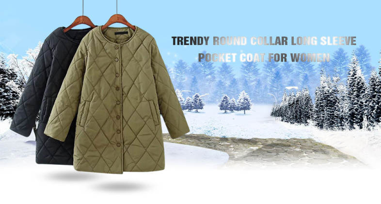 Trendy Round Collar Long Sleeve Pocket Button Women Coat