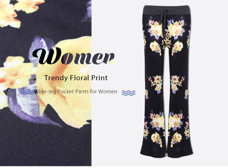 Trendy Mid Waist Floral Print Wide-leg Pocket Women Pants