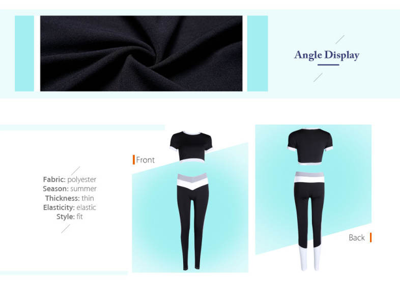 Female Summer Sports Suit Patchwork Midriff Short Sleeve Top High Waist Pants