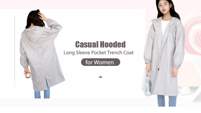 Casual Hooded Long Sleeve Pocket Button Women Trench Coat