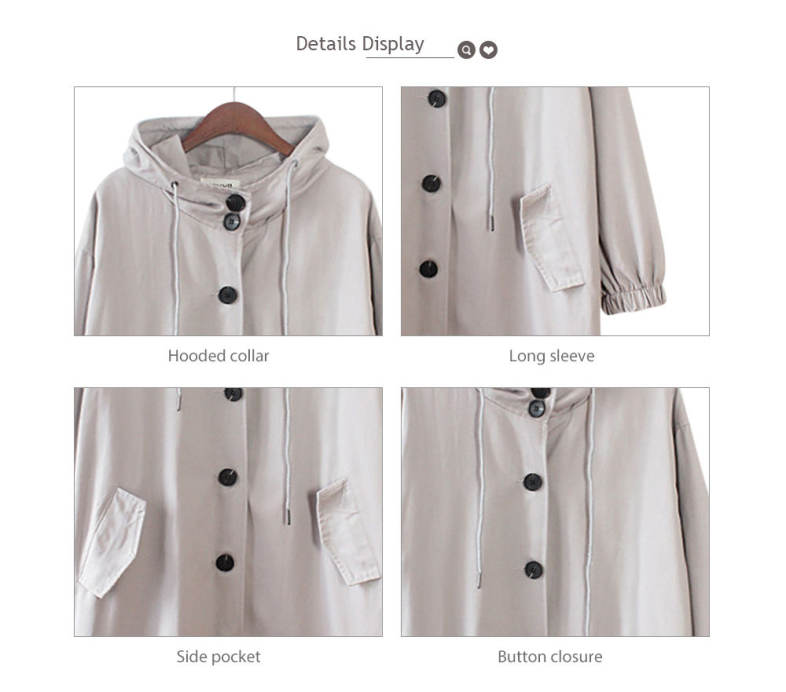Casual Hooded Long Sleeve Pocket Button Women Trench Coat