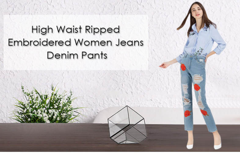 High Waist Floral Embroidered Women Ripped Denim Pants Bleach Wash Jeans