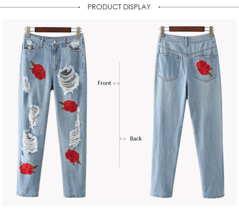 High Waist Floral Embroidered Women Ripped Denim Pants Bleach Wash Jeans