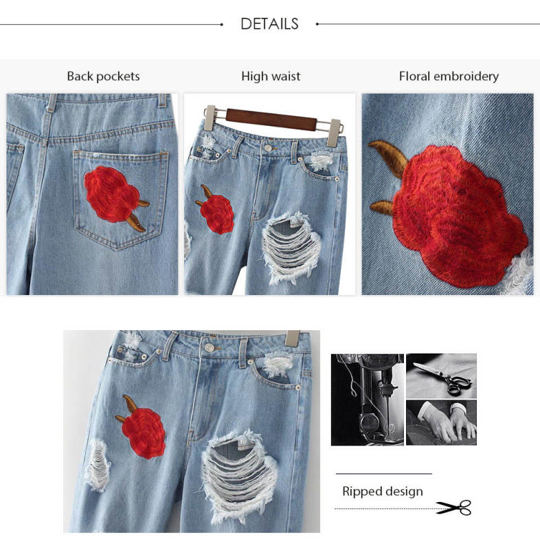 High Waist Floral Embroidered Women Ripped Denim Pants Bleach Wash Jeans