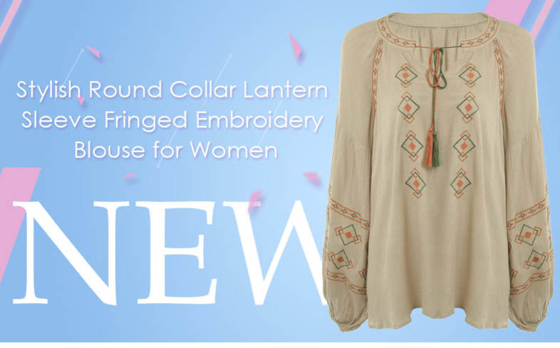 Stylish Round Collar Lantern Sleeve Tied Fringed Embroidery Women Blouse