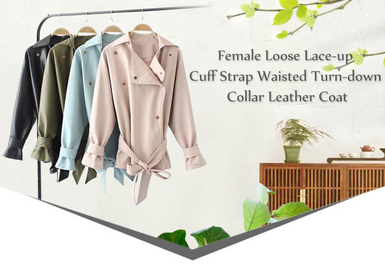 Female Loose Lace-up Cuff Strap Waisted Turn-down Collar Leather Coat