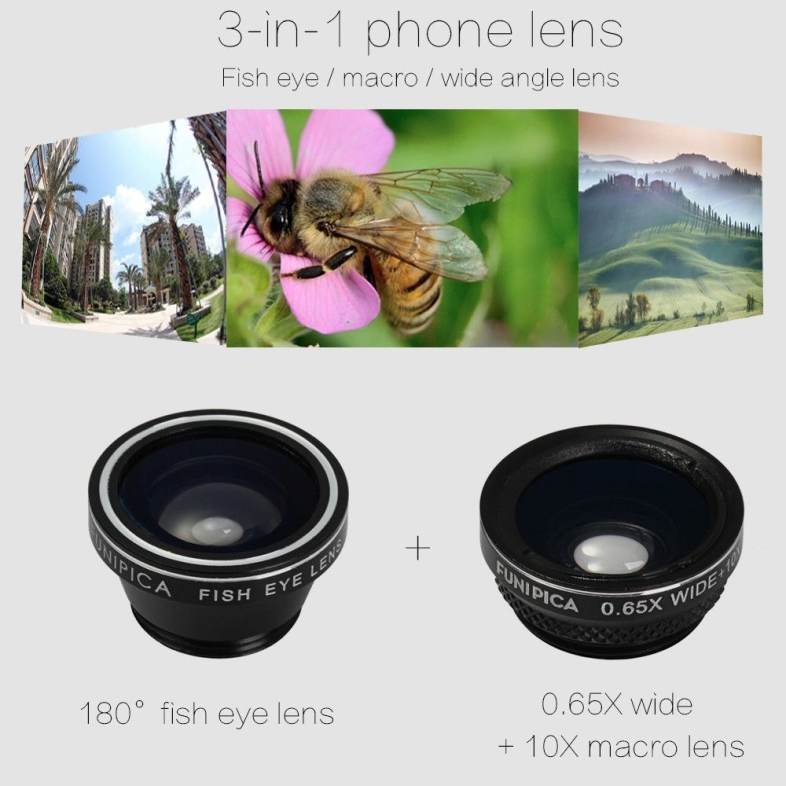 FUNIPICA Xmas Tree Mobile Phone 3 in 1 180 Degree Fisheye Macro 0.65X Wide Angle Clip-on Lens