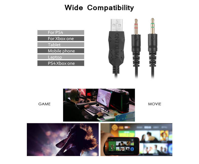 ONIKUMA M190 Stereo Gaming Headset 2.0m Cable LED Light Bass Over-ear Headphones with Mic for Computer Game