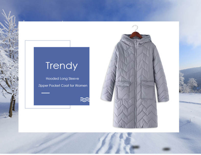 Trendy Hooded Long Sleeve Zipper Pocket Women Winter Coat