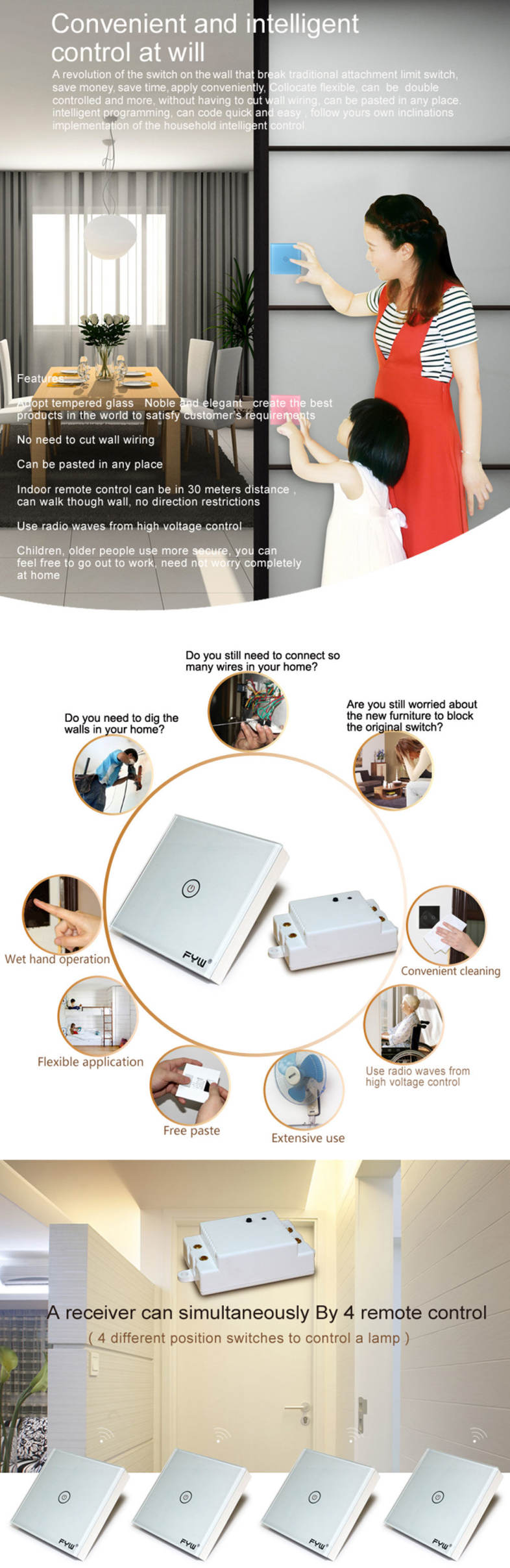 FYW Touch Remote Wall Switch Receiver for Smart Control On-off
